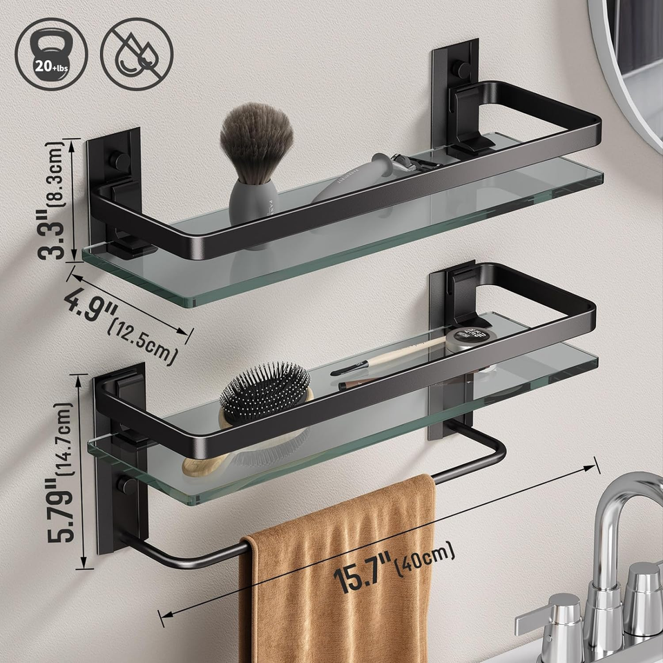 Bathroom Shelves Wall Mounted, Clear Tempered Glass Shelf with Towel