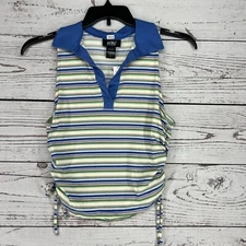 Just Polly Womens Collar V-Neck Side-string Striped Tank Top Shirt L