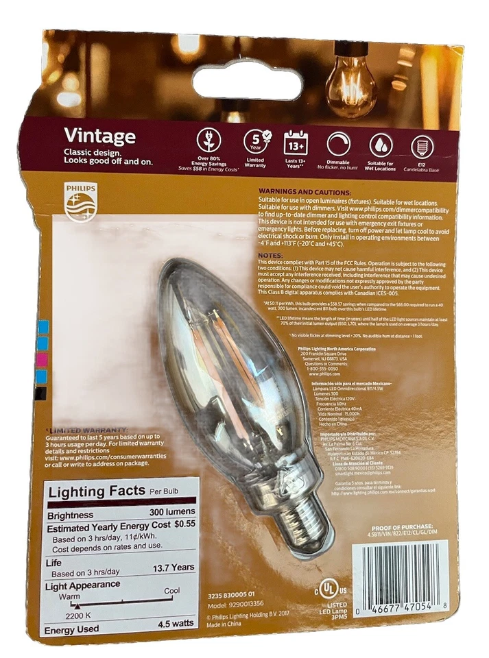 Philips LED Vintage Light Bulb Dimmable E12 Candelabra Base 300 Lum Amber 40W - Image 2 of 4