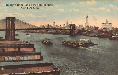  Circa 1914* Brooklyn Bridge & New York Skyline Boats Postmark Grand Central STA