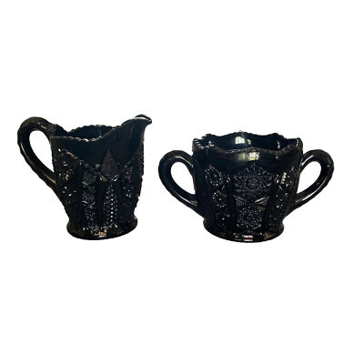 Tiara Indiana Cameo Black Amethyst Glass Paneled Daisy Monarch Creamer & Sugar