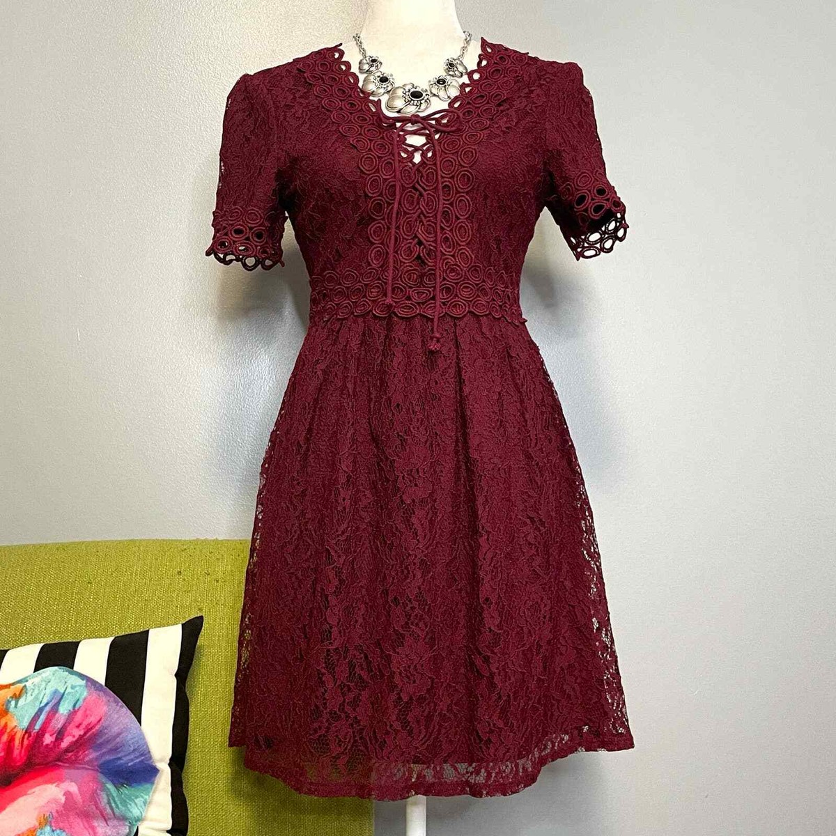 Francescas Red Lace Overlay Fit and Flare Cocktail Mini Dress Francescas Red Lace Overlay Fit and Flare Cocktail Mini Dress