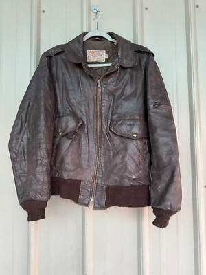 Vintage Excelled Brown Leather Flight Bomber Jacket USAF USN USMC size 42R