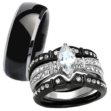 Hot 4 Pc His Titanium Her Black Stainless Steel Wedding Engagement Ring Band Set
