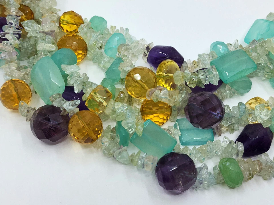 MULTI STRAND AMETHYST, DYED QUARTZ GEMSTONES BIB STATEMENT CHOKER NECKLACE ~18 " - Image 3 of 4