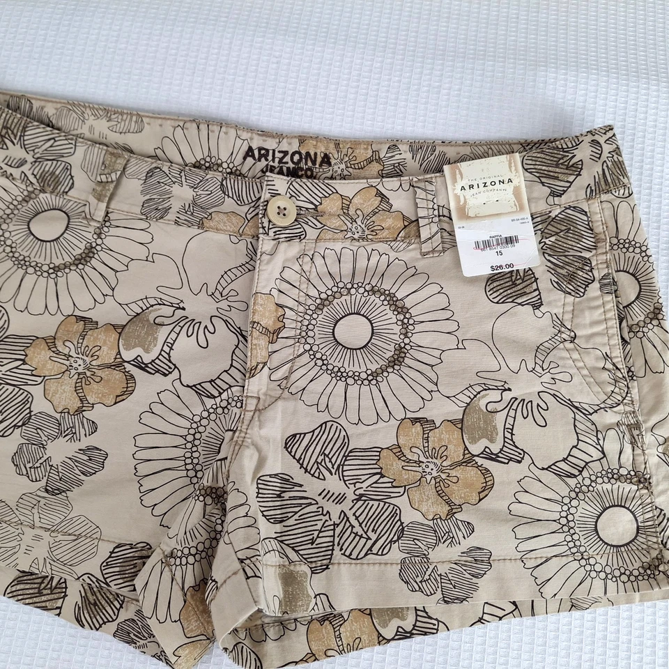 Nuevo Pantalones Cortos Y2K Arizona Para Mujer Junior Talla 15 Ins 3 Beige Floral Rafia Elastizados Foto 3 de 4