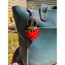 Genuine Leather Strawberry Purse Charm Hand Painted Strawberry Fruit Bag Charm