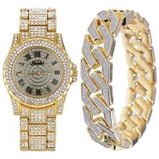 Mens Luxury Bling Gold Plated Out Diamond Des...