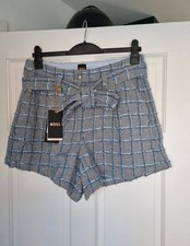 Ladies Hugo Boss Grey And Blue Checked High Waisted Shorts. Size 14 Cotton Blend