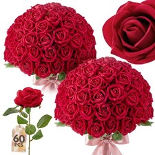 60PCS Red Artificial Roses with Realistic Foliage, Bendable Stems - Silk Flowers