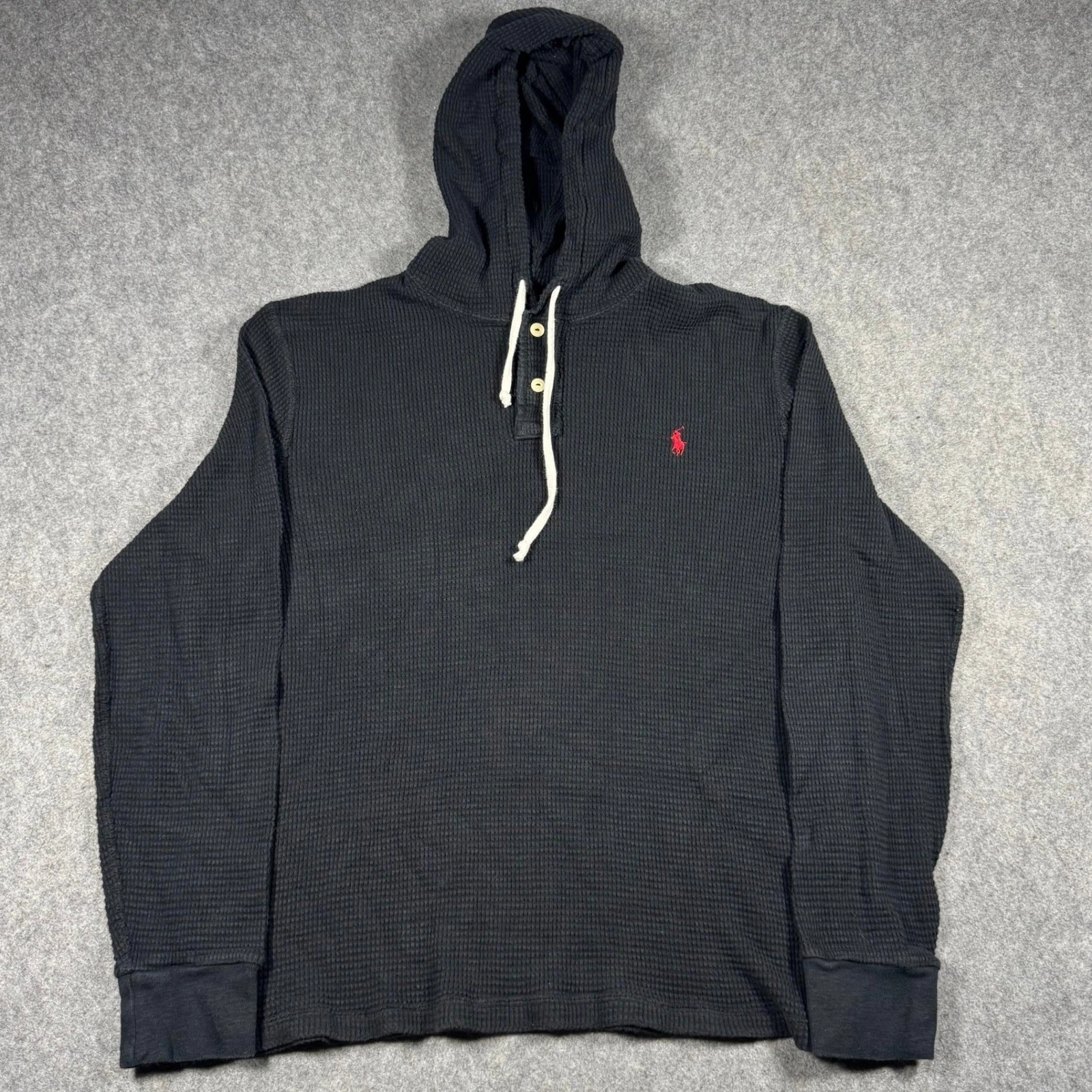 Polo Ralph Lauren Hoodie Mens XL Black Waffle Knit Thermal Henley Pony Logo