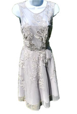 Tahari ASL Illusion Neckline Flare Dress Size 2 Silver Embroidery Gray Metallic