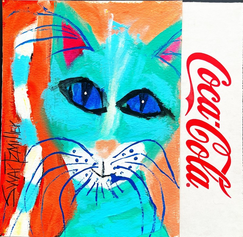 original COCA COLA CAT colorful PAINTING POP ART Recycle SWARTZMILLER DNA SIGNED