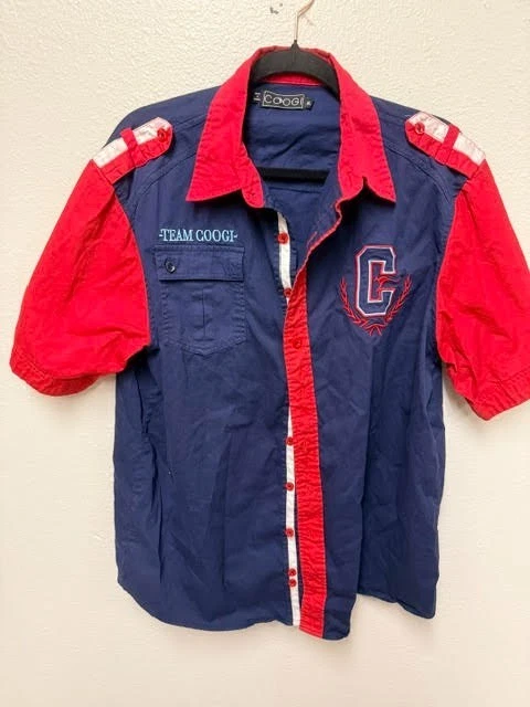 Camisa masculina vintage Coogi XL azul vermelha algodão bordado logotipo Austrália botão para cima - Imagem 2 de 4