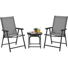 3PCS Outdoor Bistro Set w/ Folding Armchairs & Tempered Glass Table Patio Garden
