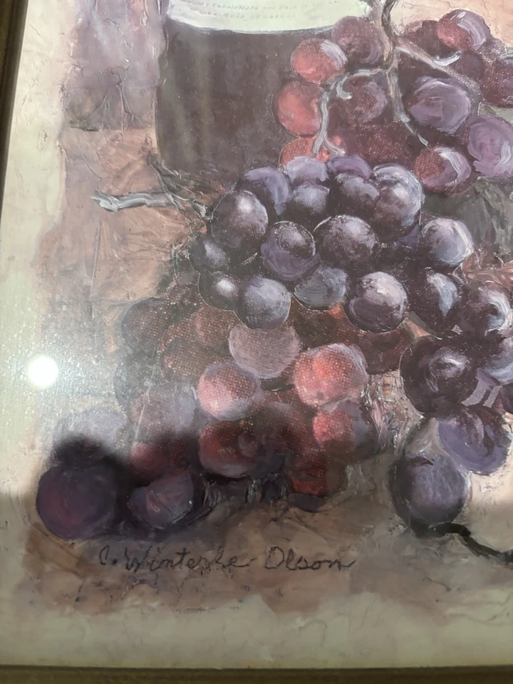 Botella de vino y uvas C. Winterle Olson antigua enmarcada firmada Foto 2 de 4