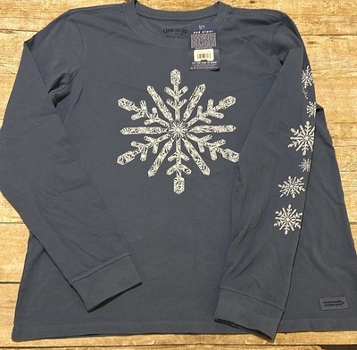 Life Is Good Women's Blue Long Sleeve T-Shirt with Inspiring Snowflakes Design