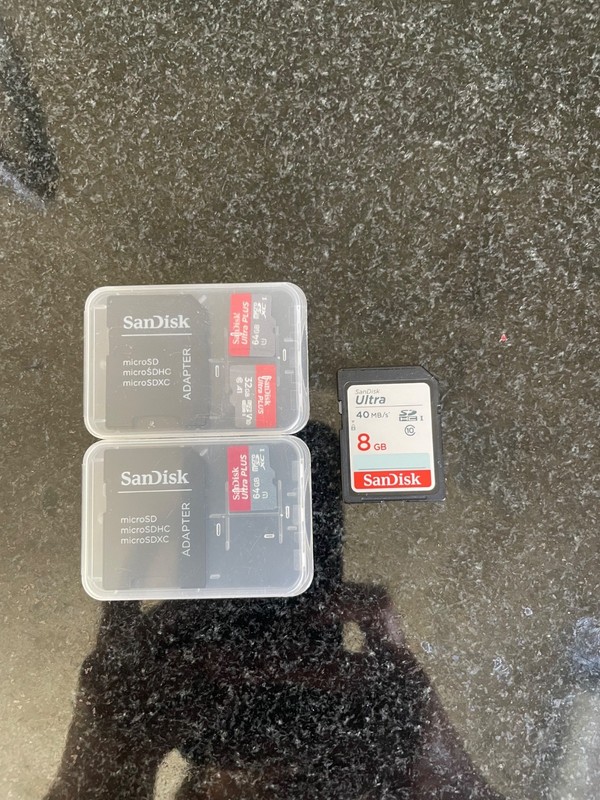 Cleared SanDisk SD cards - 2 micro 64, 1 micro 32, and one ultra 8gb