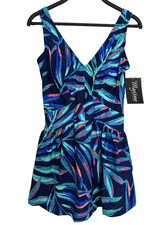 NWT Maxine of Hollywood Blue Palm Tropical Print Empire Swim Dress Size 6