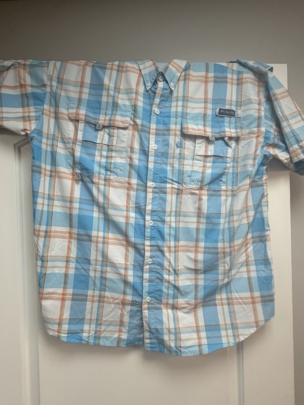 Columbia Super Bahama Men's XL Short Sleeve Plaid Button-Down Shirt Blue Orange