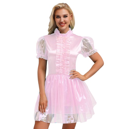 Women Sparkly Maid Dress Frilly Short Puff Sleeve Mini Dresses Halloween Costume - Picture 25 of 42
