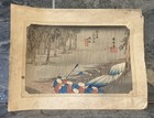 Antique Mid-Century Japanese Ukiyo-e Woodblock Print Hiroshige Spring Rain AS IS