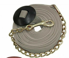 English or Western Horse 25' Flat Cotton web Lunge Line w/Brass Chain  Snap TAN