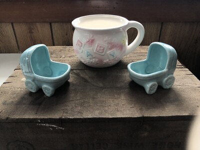 Vintage Cute Baby Planters, 1 Cup & 2 Small Blue Strollers, Rubens OG, Lot Of 3