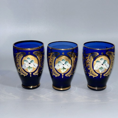 Murano Enamelled Decanter Set 4 X Shot/tot Glasses Flower Encrusted Cobalt Blue - Picture 16 of 21