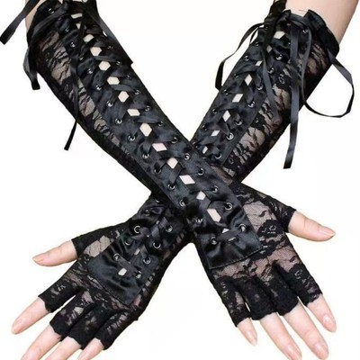 Lace Up Stretch Fingerless Gloves | Women Gothic Punk Wedding Costume Mittens