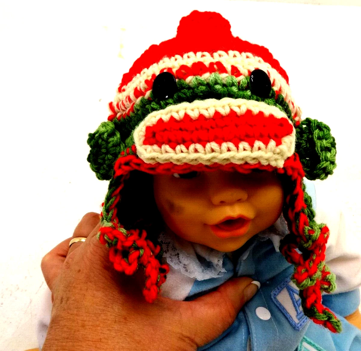 BABY Monkey Handmade Crocheted Winter Hat 6-12 Months Red Green New