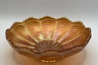 Fenton  Orange Peacock Tail Carnival Glass Bowl 6.5” Sawtooth Scalloped vintage