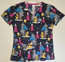 Disney Winnie The Pooh Winter Christmas Nurse Dental Scrub Top Women  s Size XS