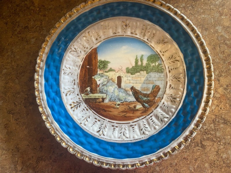 Antique Plate With Dog And Hen 8.5 Inches Hand Painted