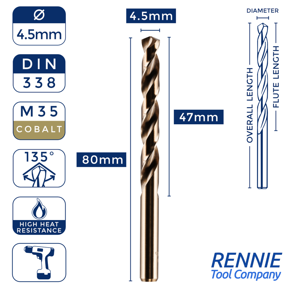 UK Drills - Cobalt Drill Bit Jobber - Fully Ground, Cobalt