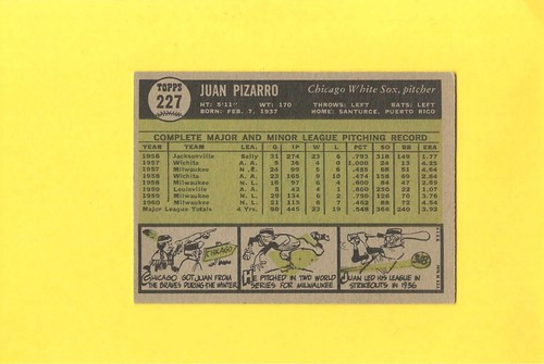 1961 Topps #227 Juan Pizarro Chicago White Sox NM to MINT Beauty! - Picture 2 of 2