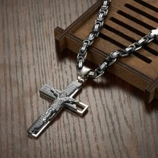 Hot MEN Byzantine Chain Stainless Steel Black Gold Silver Cross Pendant Necklace