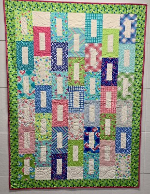 Stacked Rectangles Quilt Bright Colors - 48  x 66  - Blue Pink Yellow Green (37)