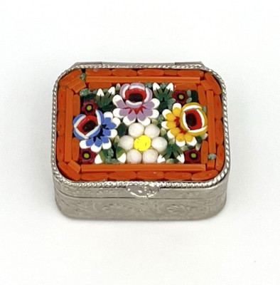 Vintage Pillendose Millefiori Schmuckbox Mikromosaik Blumen Schatulle Dose #4181