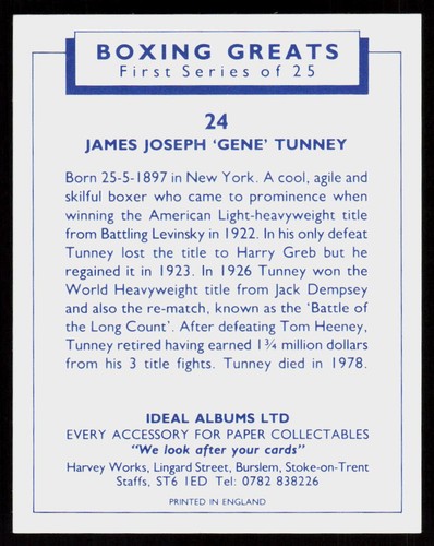 Tarjeta de boxeo Ideal Albums Boxing Greats Gene Tunney #24 1991 - Imagen 2 de 2