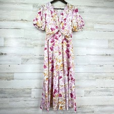 Melloday Pink Orange Floral Satin Puff Sleeve Maxi Dress V-Neck Cottagecore XS