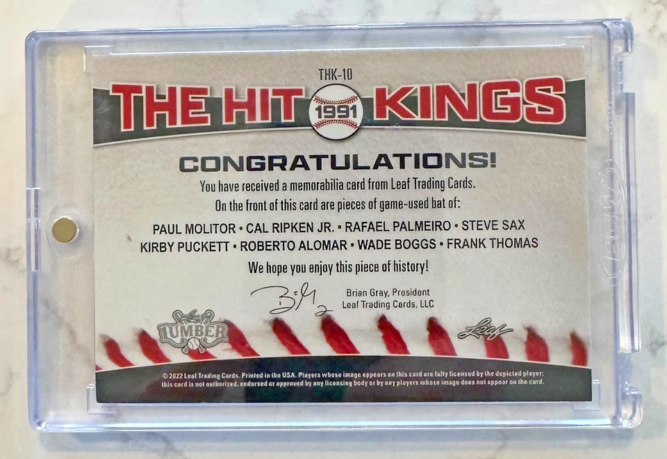 Leaf Lumber 2022 The Hit Kings 1991 Ripken Boggs Thomas 8 reliquia de murciélago púrpura #/12 Foto 2 de 2