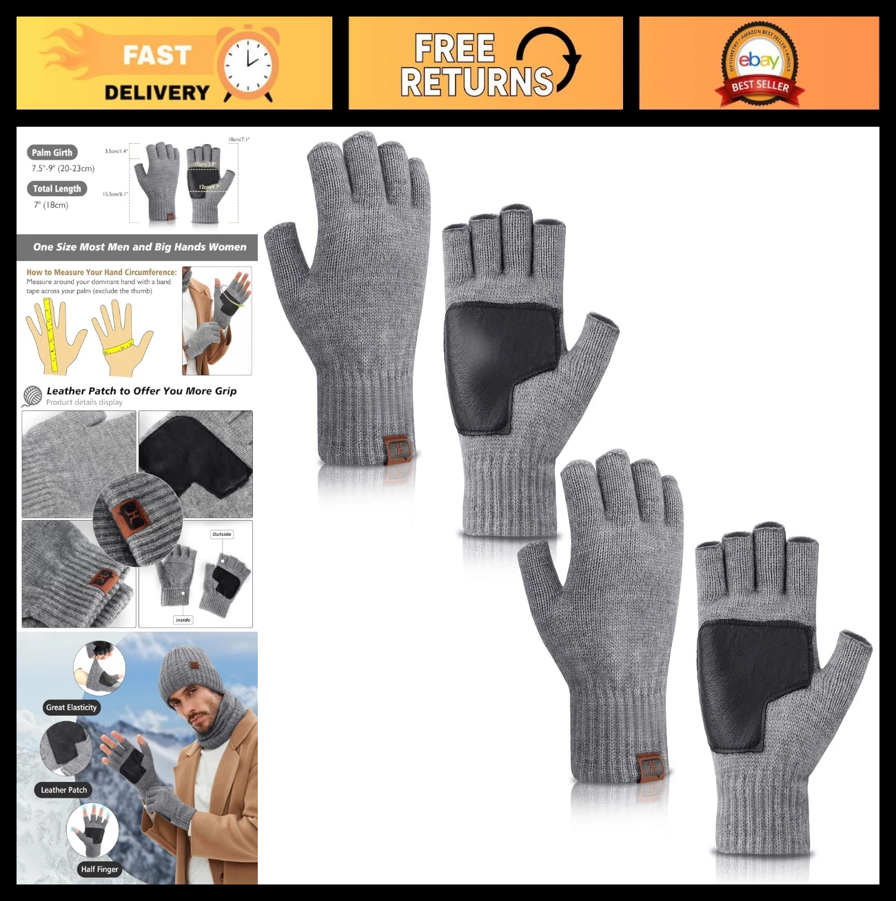 Winter Knit Fingerless Gloves - Warm Touchscreen Texting, Anti-Slip Leather Grip
