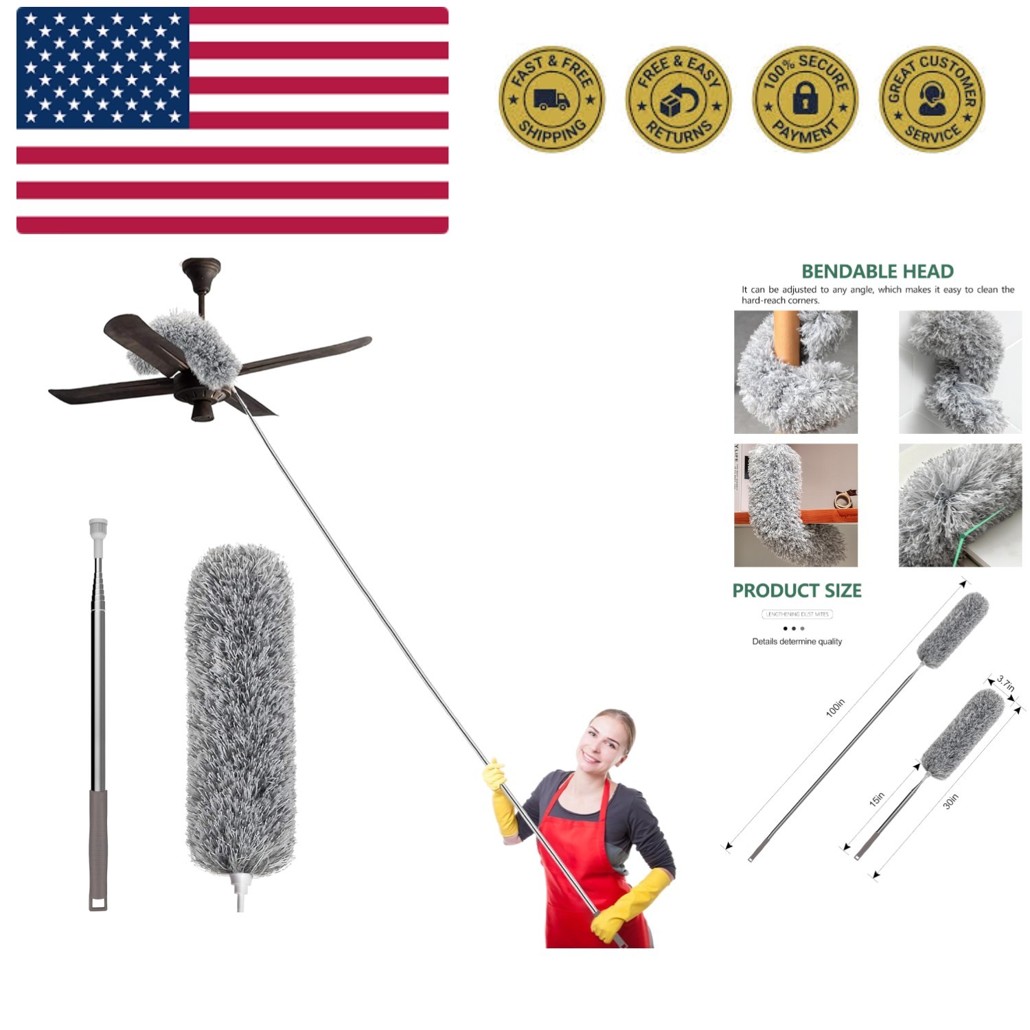 With Extension Pole 100-inch For Cleaning, Bendable Microf...