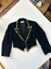 Vintage SUM-ES Womens Black Cropped Wool Blazer Jacket w/ Gold Details Size S
