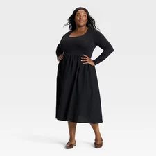 Women's Long Sleeve Knit Midi A-Line Dress - Ava & Viv Black