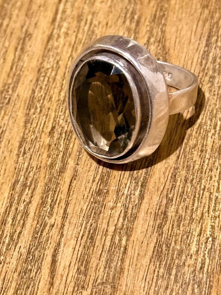 Vintage Modernist Smoky Quartz Sterling Silver Statement Ring Oval 925 - SZ 7.25 - Image 3 of 4