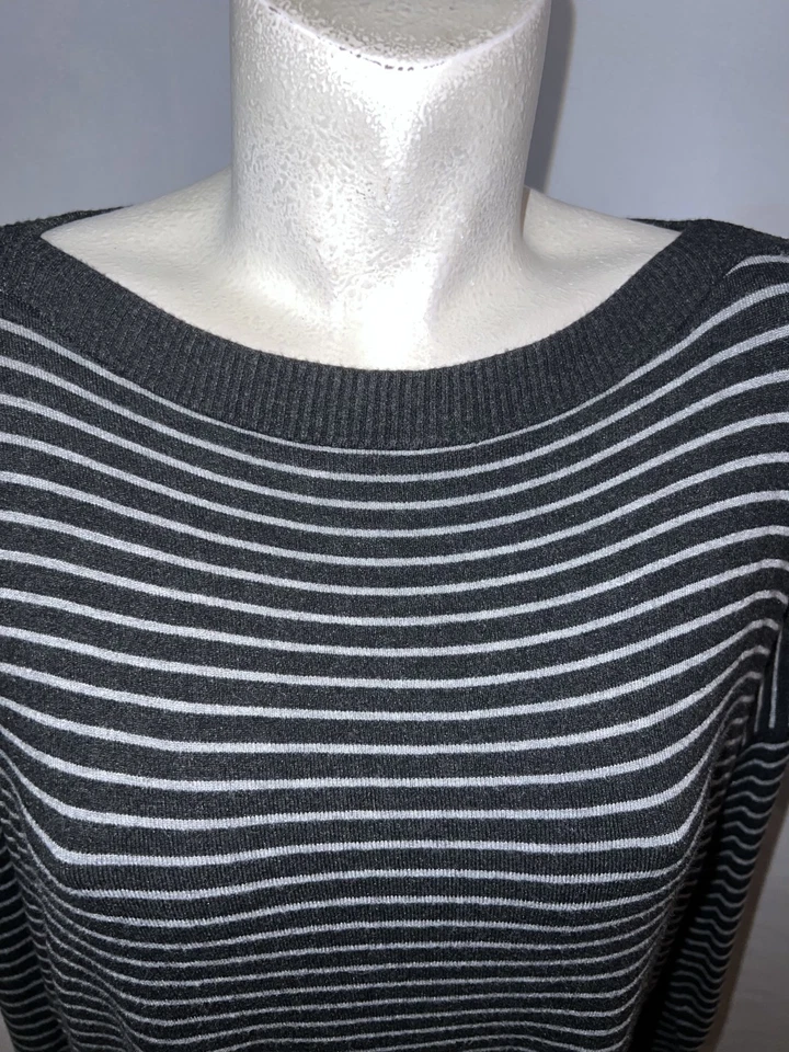 Suéter para mujer Eileen Fisher XL negro gris a rayas cuello barco cuadrado LS tejido Top Foto 2 de 4