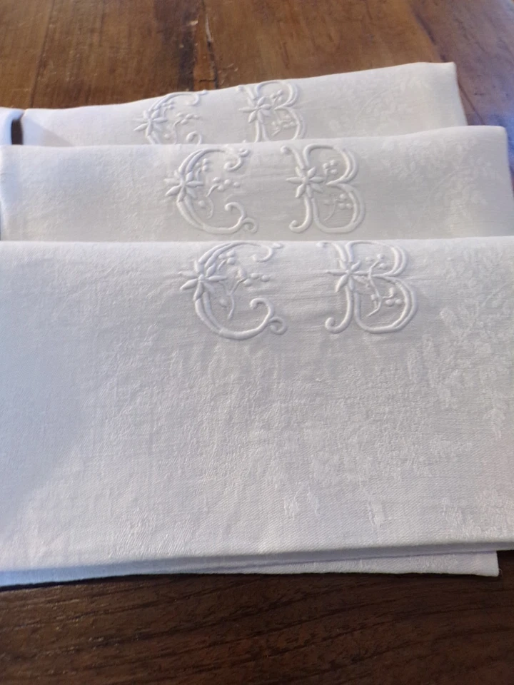 6 Serviettes de Table  en Lin Damassé Monogramme "C B " - Photo 2/4