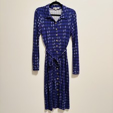 Boden Dress Womens Size 6 Blue Geometric Belted Collared Shirt Knee Length